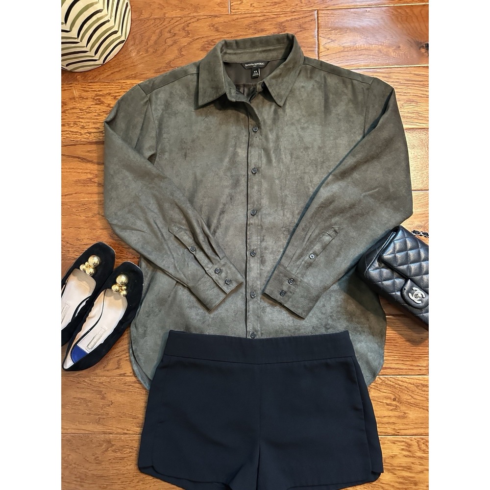 Banana Republic Womens XS Forest Dark Green Faux Suede Button Front Shirt Top